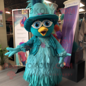 Teal Queen mascot costume character dressed with a Cardigan and Hats