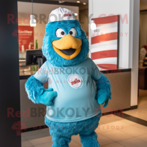 Turquoise Chicken Parmesan mascot costume character dressed with a T-Shirt and Caps