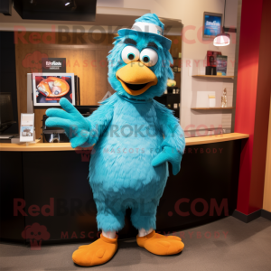 Turquoise Chicken Parmesan mascot costume character dressed with a T-Shirt and Caps