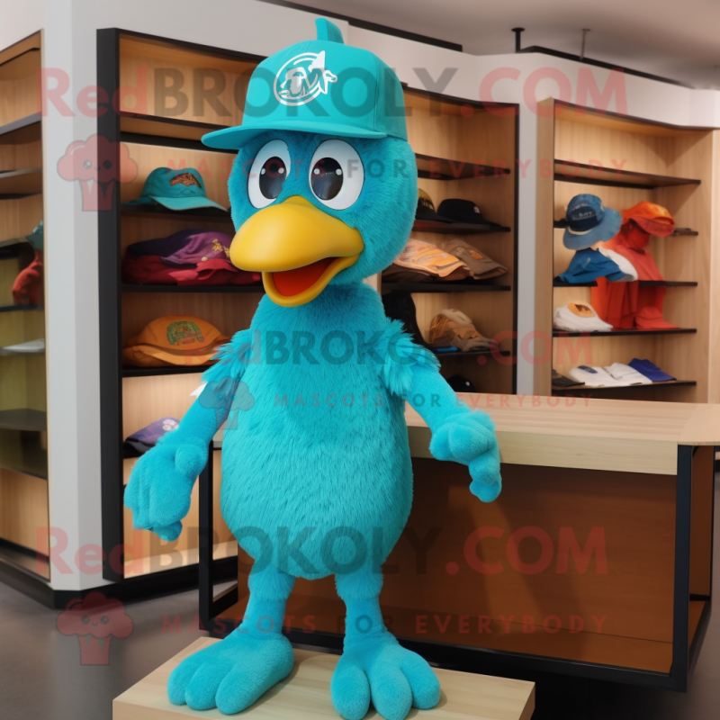 Turquoise Chicken Parmesan mascot costume character dressed with a T-Shirt and Caps Turquoise Chicken Parmesan mascot costume character dressed with a T-Shirt and Caps