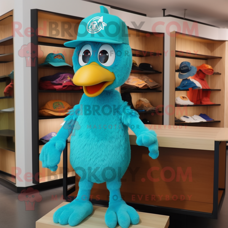 Turquoise Chicken Parmesan mascot costume character dressed with a T-Shirt and Caps