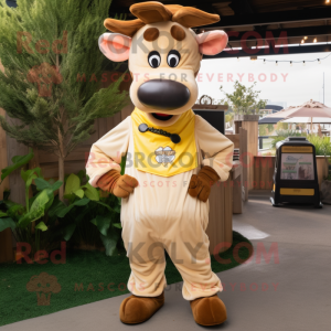 Gold Beef Stroganoff mascot costume character dressed with a Overalls and Shoe clips