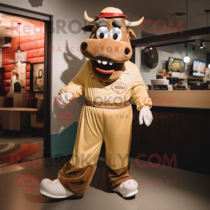 Gold Beef Stroganoff mascot costume character dressed with a Overalls and Shoe clips