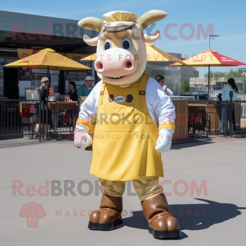 Gold Beef Stroganoff mascot costume character dressed with a Overalls and Shoe clips