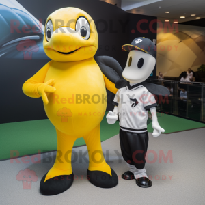 Yellow Killer Whale mascot costume character dressed with a Baseball Tee and Smartwatches