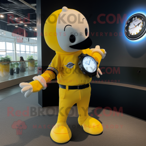 Yellow Killer Whale mascot costume character dressed with a Baseball Tee and Smartwatches