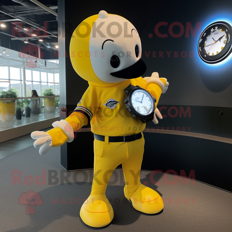 Yellow Killer Whale mascot costume character dressed with a Baseball Tee and Smartwatches Yellow Killer Whale mascot costume character dressed with a Baseball Tee and Smartwatches