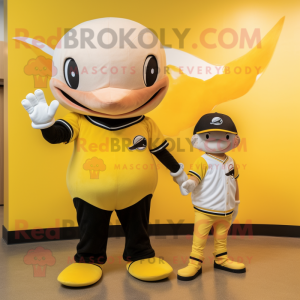 Yellow Killer Whale mascot costume character dressed with a Baseball Tee and Smartwatches