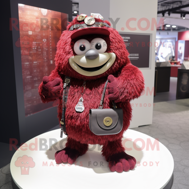 Maroon Pendant mascot costume character dressed with a Vest and Handbags
