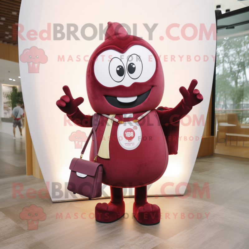 Maroon Pendant mascot costume character dressed with a Vest and Handbags Maroon Pendant mascot costume character dressed with a Vest and Handbags