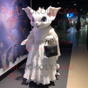 White Bat mascot costume character dressed with a Evening Gown and Backpacks