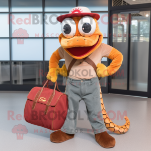 Rust Python mascot costume character dressed with a Corduroy Pants and Handbags