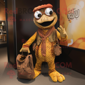 Rust Python mascot costume character dressed with a Corduroy Pants and Handbags