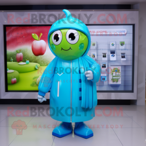 Cyan Apple mascot costume character dressed with a Raincoat and Digital watches