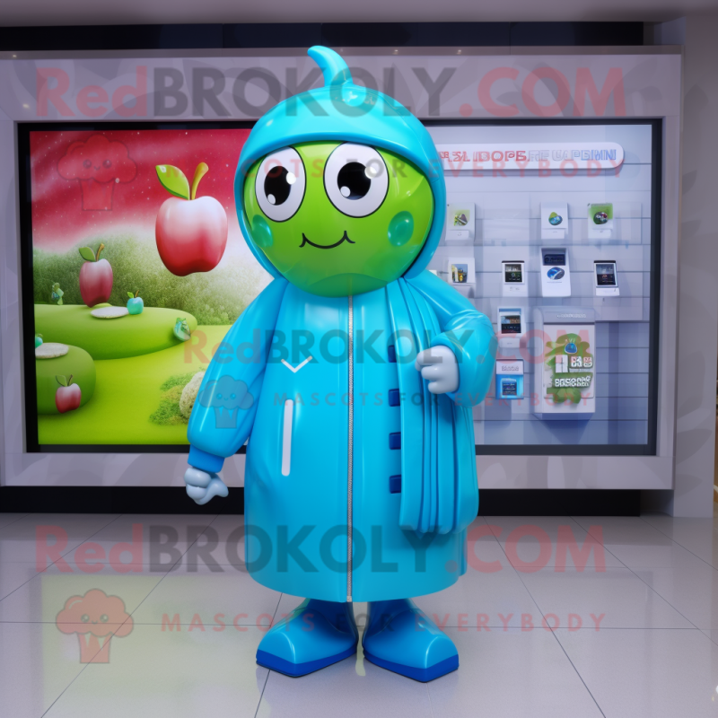Cyan Apple mascot costume character dressed with a Raincoat and Digital watches Cyan Apple mascot costume character dressed with a Raincoat and Digital watches