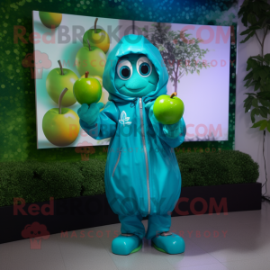 Cyan Apple mascot costume character dressed with a Raincoat and Digital watches