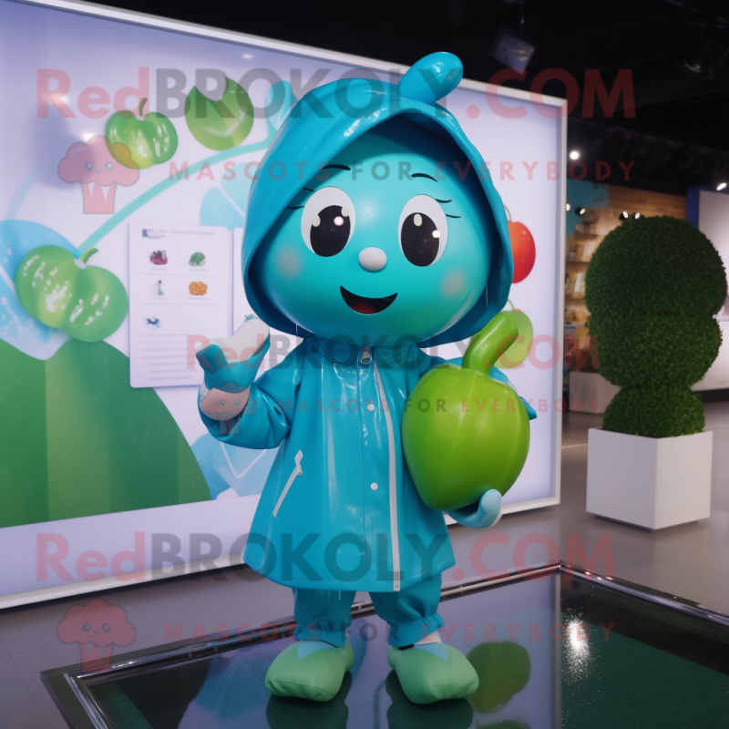 Cyan Apple mascot costume character dressed with a Raincoat and Digital watches