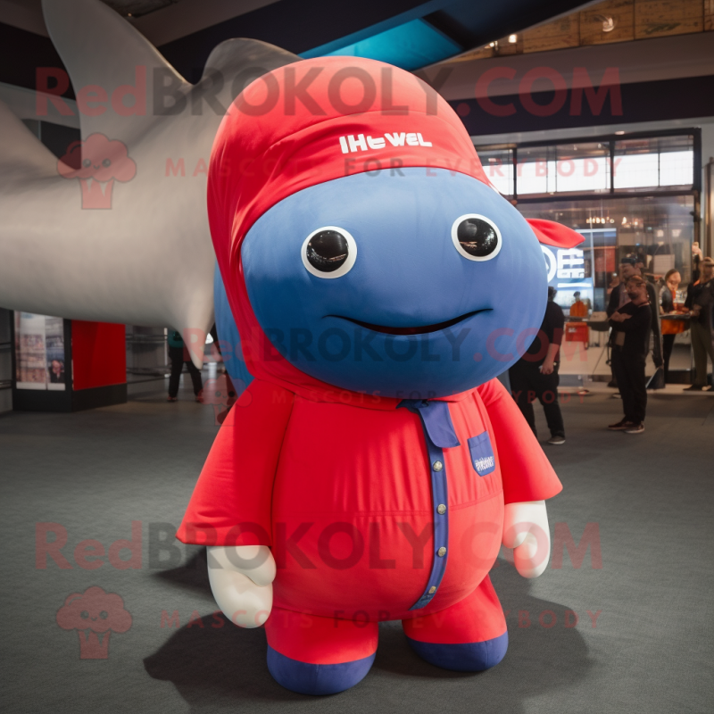 Red Blue Whale mascot costume character dressed with a Chinos and Hair clips Red Blue Whale mascot costume character dressed with a Chinos and Hair clips