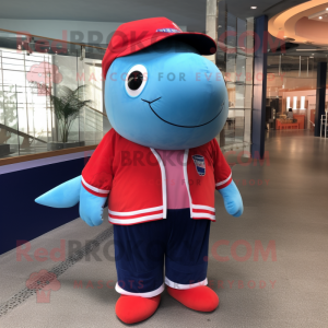Red Blue Whale mascot costume character dressed with a Chinos and Hair clips