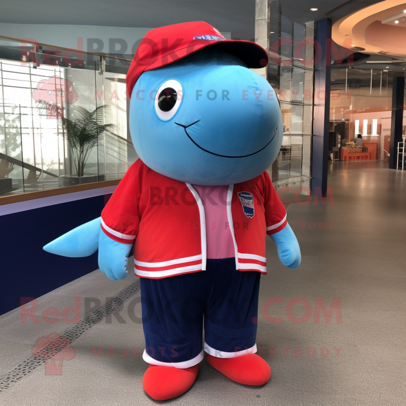 Red Blue Whale mascot costume character dressed with a Chinos and Hair clips Red Blue Whale mascot costume character dressed with a Chinos and Hair clips
