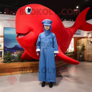 Red Blue Whale mascot costume character dressed with a Chinos and Hair clips