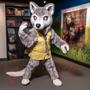 Gray Dingo mascot costume character dressed with a Vest and Foot pads