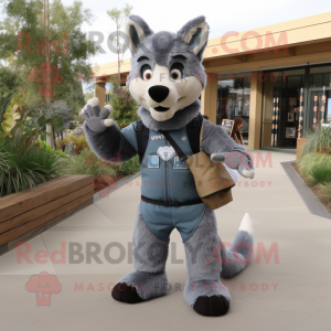 Gray Dingo mascot costume character dressed with a Vest and Foot pads