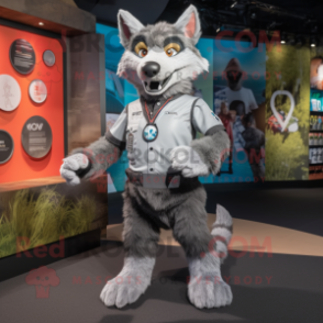 Gray Dingo mascot costume character dressed with a Vest and Foot pads