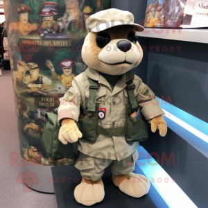 Tan Marine Recon mascot costume character dressed with a Cardigan and Handbags