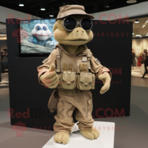 Tan Marine Recon mascot costume character dressed with a Cardigan and Handbags