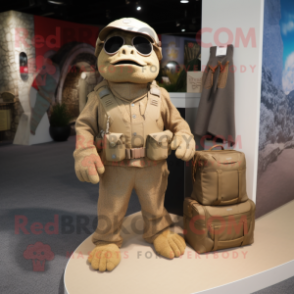 Tan Marine Recon mascot costume character dressed with a Cardigan and Handbags