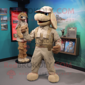 Tan Marine Recon mascot costume character dressed with a Cardigan and Handbags