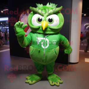 Green Owl mascot costume character dressed with a Joggers and Rings