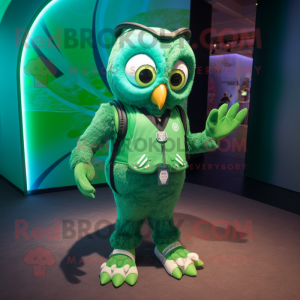 Green Owl mascot costume character dressed with a Joggers and Rings