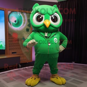 Green Owl mascot costume character dressed with a Joggers and Rings