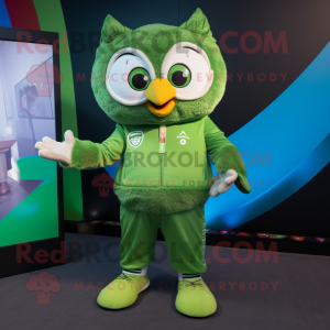 Green Owl mascot costume character dressed with a Joggers and Rings