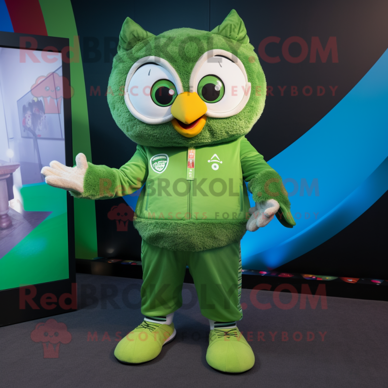 Green Owl mascot costume character dressed with a Joggers and Rings