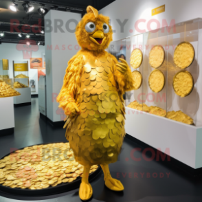 Gold Fried Chicken mascot costume character dressed with a A-Line Dress and Coin purses