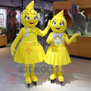 Lemon Yellow Pair Of Ice Skates mascot costume character dressed with a Midi Dress and Bow ties
