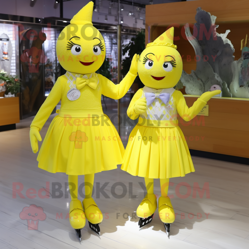 Lemon Yellow Pair Of Ice Skates mascot costume character dressed with a Midi Dress and Bow ties