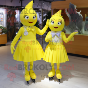 Lemon Yellow Pair Of Ice Skates mascot costume character dressed with a Midi Dress and Bow ties