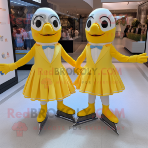 Lemon Yellow Pair Of Ice Skates mascot costume character dressed with a Midi Dress and Bow ties