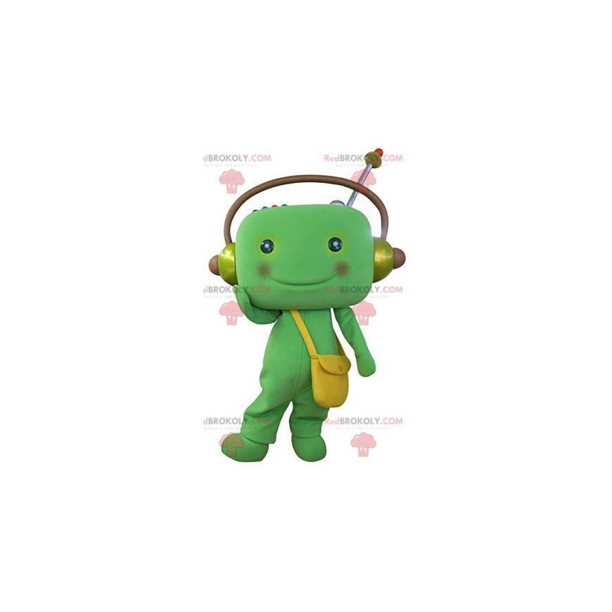 Mascota de muñeco de nieve verde con auriculares -