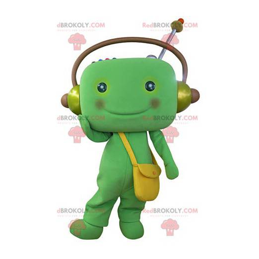 Mascota de muñeco de nieve verde con auriculares -