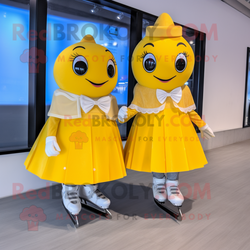 Lemon Yellow Pair Of Ice Skates mascot costume character dressed with a Midi Dress and Bow ties