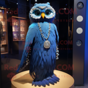 Blue Owl mascot costume character dressed with a Empire Waist Dress and Necklaces