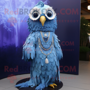 Blue Owl mascot costume character dressed with a Empire Waist Dress and Necklaces