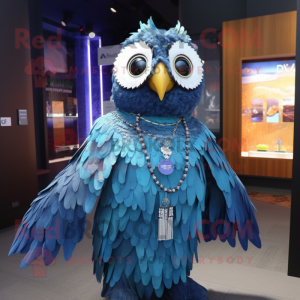 Blue Owl mascot costume character dressed with a Empire Waist Dress and Necklaces