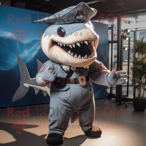 Navy Shark mascot costume character dressed with a Shorts and Suspenders
