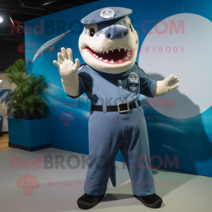 Navy Shark mascot costume character dressed with a Shorts and Suspenders